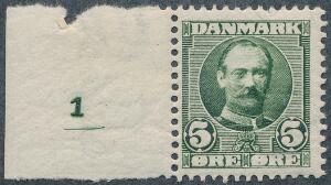 1907. Fr. VIII, 5 øre. Postfriskt enkeltmærke med lille oplagsnummer 1. Sjældent