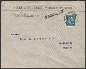 1902. Chr.IX. 20 aur, blå. Single på SKIBS-brev til ENGLAND, annulleret med ENGELSK stempel LEITH JY 5 07 og sort liniestempel PAQUEBOT. Smuk og sjælden forse
