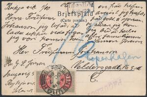 1902. Chr.IX. 4 aur, grårød. Parstykke på postkort, annulleret med ENGELSK stempel EDINGBURGH OC 7 06.
