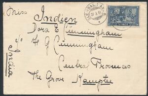 1914. 20 øre blå. Single på brev fra Slemdal i Aker 27.10.14 til INDIEN.