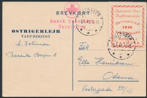 1946. Østrigerlejr TarpEsbjerg. Brevkort annulleret Guldager 8.5.46 og sendt til Odense. Stamplet med rødt Dansk Røde Kors Tarplejren.