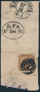 1854. 4 RBS Thiele III, gulbrun. Brevstykke annulleret med nr.stempel 2 Hamburg buestempel BERGEDORF 27.12. Stor sjældenhed. Attest Nielsen