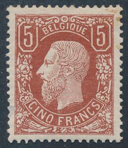 Belgien. 1869. Leopold. 5 Fr. mørkrødbrun. Flot centreret ubrugt mærke med lille afskrabning 1 mm på forsiden i nedre venstre side. Sjældent mærke. AFA 15000