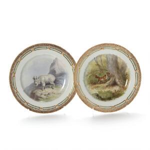 Fauna Danica to tallerkener af porcelæn, dekorerede i farver og guld med ræv og hvid sne-ged. 239. Royal Copenhagen. Diam. 25 cm. 2