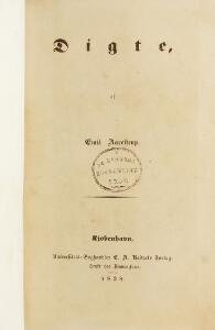 Emil Aarestrup Digte. 1838. 1st edition. With foxing. Bound in half vellum.