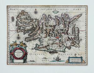 Johan Blaeu Iceland Engraved handcoloured map entitled Tabula Islandiæ Auctore Georgio Carolo Flandro. Amsterdam 1660s.