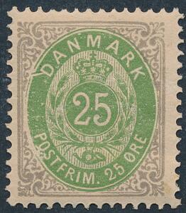 1875. 25 øre, grågrøn. Med variant streg ved D i Danmark.