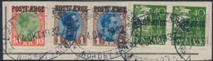 1930. 10 Kr. Chr.X, rødgrøn, 2 stk. 1 kr. brunblå og par 40 øre, Karavel, grøn. I alt 12,80 kr. frankering på klip fra adressekort. Flot og farverig kombinaio