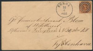 1854. 4 sk. Brun. LUXUS-stemplet mærke med brede rande på PRAGT-brev fra SOROE 16.6.1855, sendt til København.