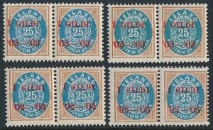 1902. Í GILDI. 25 aur, brunblå. 4 postfriske parstykke, alle med varianten ISLAVD. Facit uden pris for postfrisk.