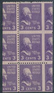 USA. 1938. Thomas Jefferson. 3 c. violet. STÆRKT FEJLPERFORERET 6-BLOK.