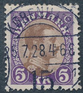 1927. Chr. X, 5 kr. violetbrun. PRAGT-mærke med retvendt stempel KØBENHAVN 25.7.28.