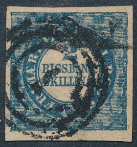 1852. 2 RBS Thiele, blå. Pænt mærke med pæne rande og fine nr.stempel 1. AFA 10000