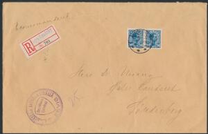 1920. Chr.X. 20 øre, blå. Parstykke på anbefalet brev fra NØRRE SMEDEBY 9.9.20 og violet COMMISIONS-stempel fra Slesvig.