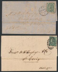 1866-1868. 2 breve fra England med 1 sh. grøn, sendt til St. Croix. Det ene med korte takker