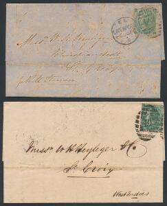 1866-1868. 2 breve fra England med 1 sh. grøn, sendt til St. Croix. Det ene med korte takker