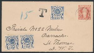 1902. Portomærke, 1 cent parstykke og 4 cents, blå på brev fra TORTOLA 27.5.1902 til St. Thomas. På bagsiden afkomststempel 29.5.1902