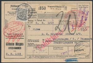 1934. 20 øre, grå på adressekort for pakke fra Wuppertal 24.2.40 til København med Tolddeklaration. Interessant forsendelse