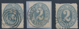 Schleswig Holstein. 1865. 2 sch. blå. 3 pæne stemplede mærker. Michel EURO 570
