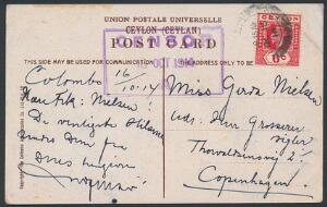 Ceylon. 1915. 6 c. rød på censureret postkort til København