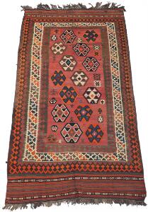 Semiantik Kashgai Kelim tæppe, prydet med gentagelsesmønster på rød bund. Sydlige Persien. Ca. 1950-1960. 286 x 156.
