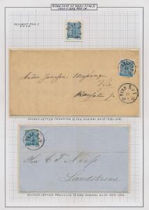 1858. 12 Öre, blå. Udstillings-planche med smukt mærke samt 2 breve.