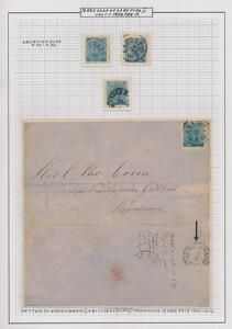1858. 12 Öre, grønlig blå. Udstillings-planche med 3 mærker samt brev.
