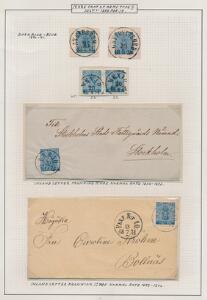 1858. 12 Öre, blå. Udstillings-planche med 4 smukke mærker samt 2 breve.