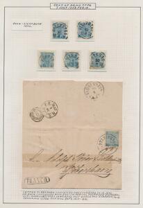 1858. 12 Öre, blå. Udstillings-planche med 5 smukke mærker samt brev.