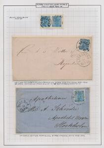 1858. 12 Öre, blå. Udstillings-planche med par samt 2 pæne breve.