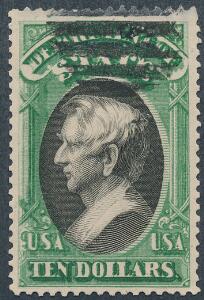 USA. DEPT OF STATE. 1873. 10 . sortgrøn. Pænt stemplet eksemplar af et sjældent mærke. Mindre tyndheder foroven. Michel EURO 4500