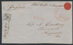 USA. 1851. Interessant brev stemplet CHARLESTON JUN 28 med sort 2 cent, Honour´city post, sortblålig, annulleret med blækkryds. Sendt til Georgia.