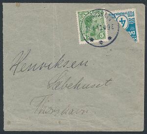1919. Halveret 4 øre, Bølgelinie, blå samt Chr.X, 5 øre, grøn. Brev fra Thorshavn 11.1.19. Kuvert beskåret i venstre side og med lodrette folder.