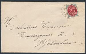 1895. 8 øre, grårød, tk.14 på brev med lapidarstempel THORSHAVN 1.12. Sendt til København. Ankomststempel 14.12.95