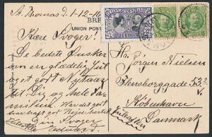 1910. Julemærke. Brugt på smukt postkort med parstykke 5 Bit, Fr.VIII, grøn, stemplet i ST. THOMAS 1.12.1910. Påskrevet JULEAFTEN.