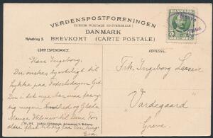 Greve Brevsamlingssted. Sjældent ovalt violet stempel på lokalt postkort med 5 øre, Fr.VIII, grøn.