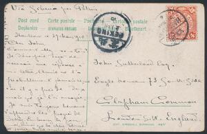 Kina. 1910. 4 c. rød. Single på postkort til London, England.