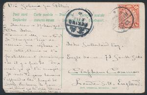 Kina. 1910. 4 c. rød. Single på postkort til London, England.