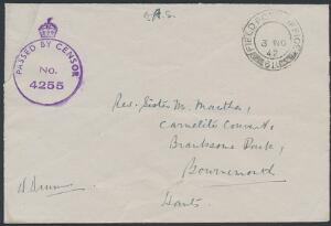 1942. Feltpostbrev til England med FPO 611 i sort farve samt violet Passed by censor 4255. Flot kvalitet. DAKA 1500