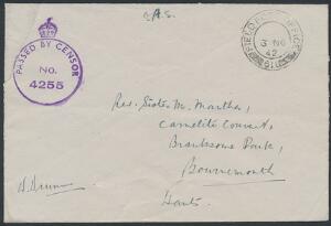 1942. Feltpostbrev til England med FPO 611 i sort farve samt violet Passed by censor 4255. Flot kvalitet. DAKA 1500