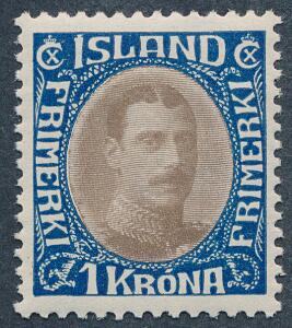 1931. Chr.X. 1 kr. brunblå. Smukt centreret postfrisk mærke. Facit 1400