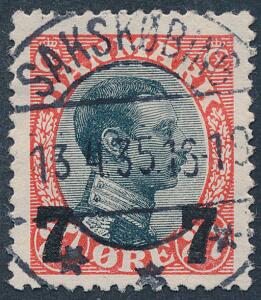 1926. 727 øre, rødsort. Variant PLET BAG ØJET. LUXUS-stemplet i SAKSKJØBING 13.4.35.