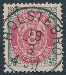 1875. 8 øre anilinrød. LUXUS-stemplet HOLSTEBRO 19.3.4POST.