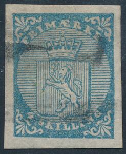 1855. 4 skilling, blå. Annulleret med meget sjældent FRANSK PORTO-stempel 12 Decimen.