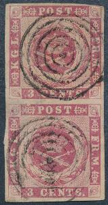 1866. 3 cents, karmin. Plade II, pos.41-51. Fint lodret PARSTYKKE, med to pæne stumme stempler. AFA 1600