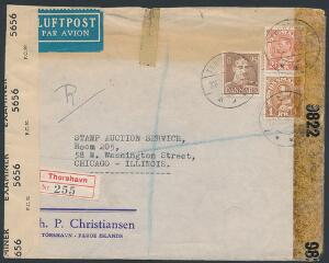 1944. REC-luftpostbrev fra Thorshavn 18.2.44 til Chicago. Både engelsk og amerikansk censur. På bagsiden 2 stk. Barnahjalpin mærkater