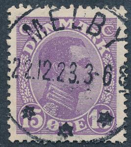 1913. Chr, X, 15 øre, lilla. LUXUS-stempel MELBY 22.12.23.