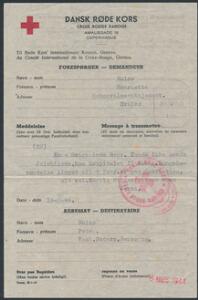 1944. Røde Kors formular fra spørger i Hvalsø 14.2.44 til familien i Vaag