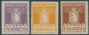 1930. Thiele. 70 øre, violet, 1 kr. orange og 3 kr. brun. Smukt postfriskt sæt
