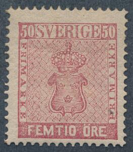 1858. Våben, 50 öre, rød. Flot ubrugt mærke med original gummi. Facit 5250